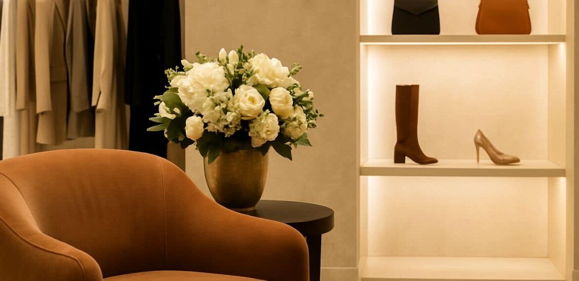 Boutique interior with an armchair, fresh flowers, and lit shelves of shoes and handbags